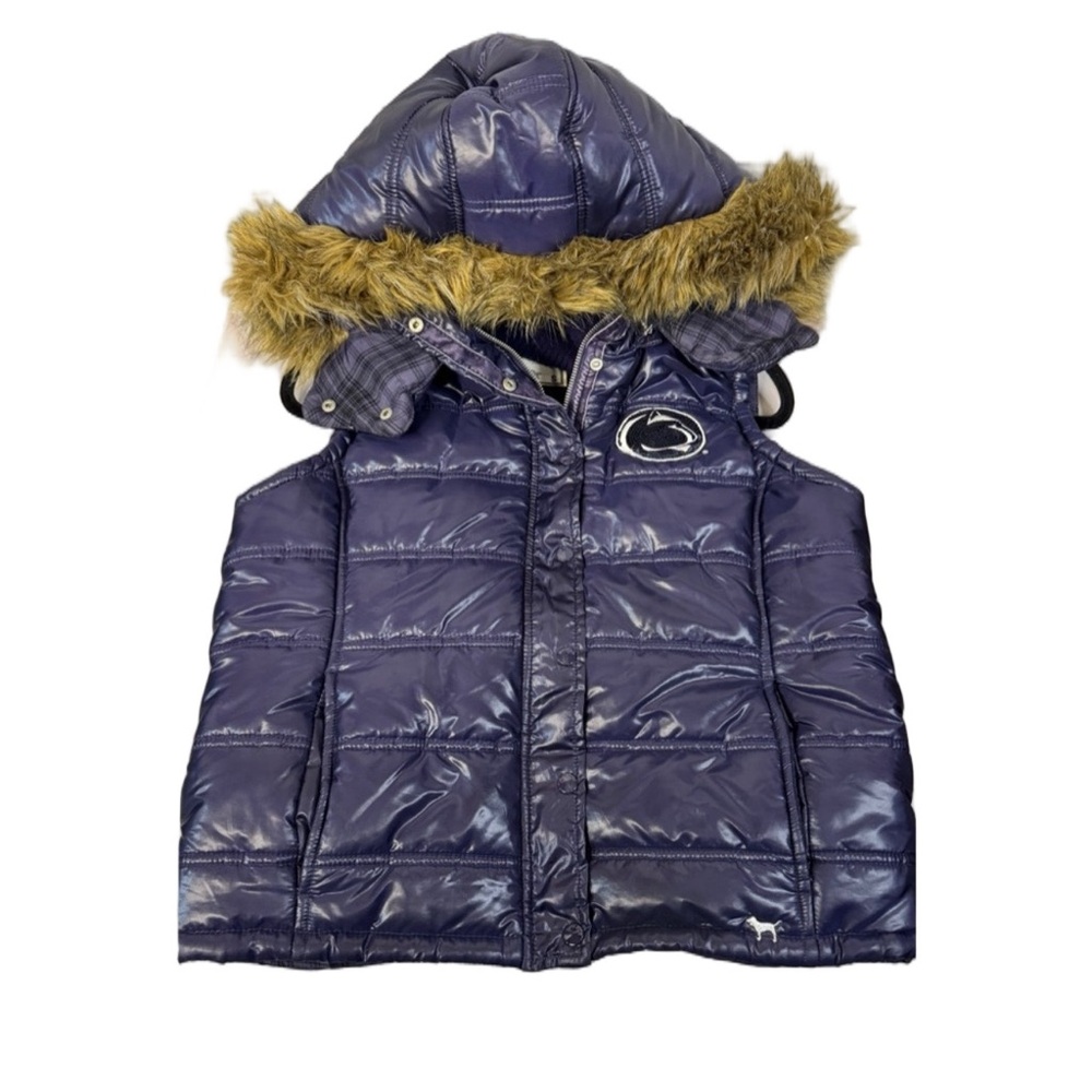 PINK Victoria’s Secret Faux Fur Hood Puffer Vest Y2K Navy Size Small Penn State